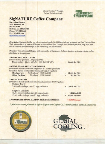 The Carbon Audit and Global Cooling Certificate for Signature Coffee.