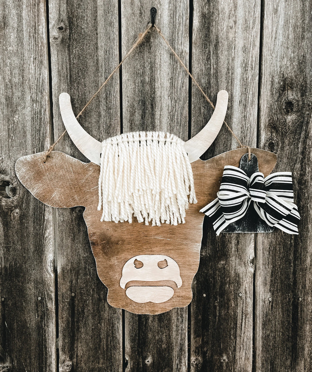 Highlands cow with ear tag welcome rustic distressed door hanger - layered door hanger - home decor Rustic Magnolia Company