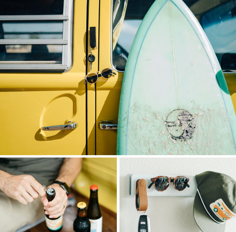 Collage of photos including a magnetic KeyLoop and MagLock Sunglasses stuck to the outside of a yellow VW bus, a multitool opening a beer bottle, and KeyLoop and MagLock Sunglasses hanging on a ModStation with a hat