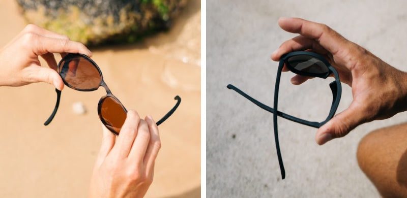 Two photos of flexible Gnarlon MagLock Sunglasses being twisted 