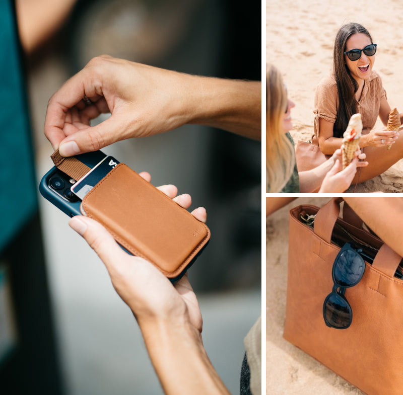 Collage of Photos including a leather Wally card-holder for iPhone with MagSafe, a happy woman sitting on the beach and with MagLock magnetic sunglasses clipped to her bag