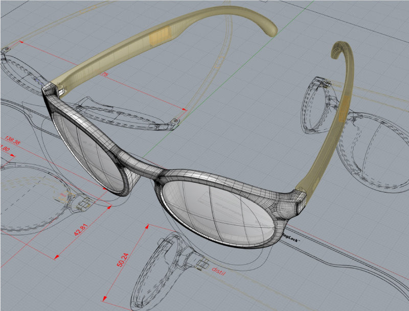 CAD drawing of MagLock Sunglasses with dimensions