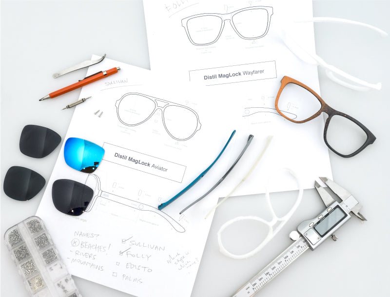 An assortment of items used in designing and developing sunglasses