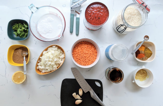 Mise en place for a recipe we're cooking at home