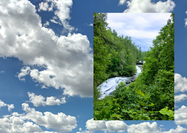 A photo of a running river with a photo of a blue sky with clouds, a metaphor for meditation. Photos by Lindsay Windham
