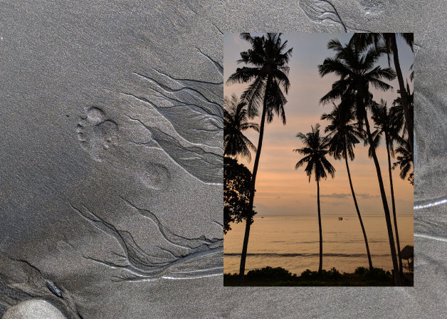 A footprint in dark wet sand and a photo of silhouetted palm trees in a Bali sunset. Photos by Lindsay Windham