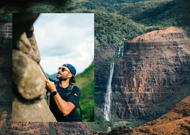 Photo of a large mountain with waterfall in Hawaii, beneath a photo of a man rock-climbing wearing MagLock Sunglasses