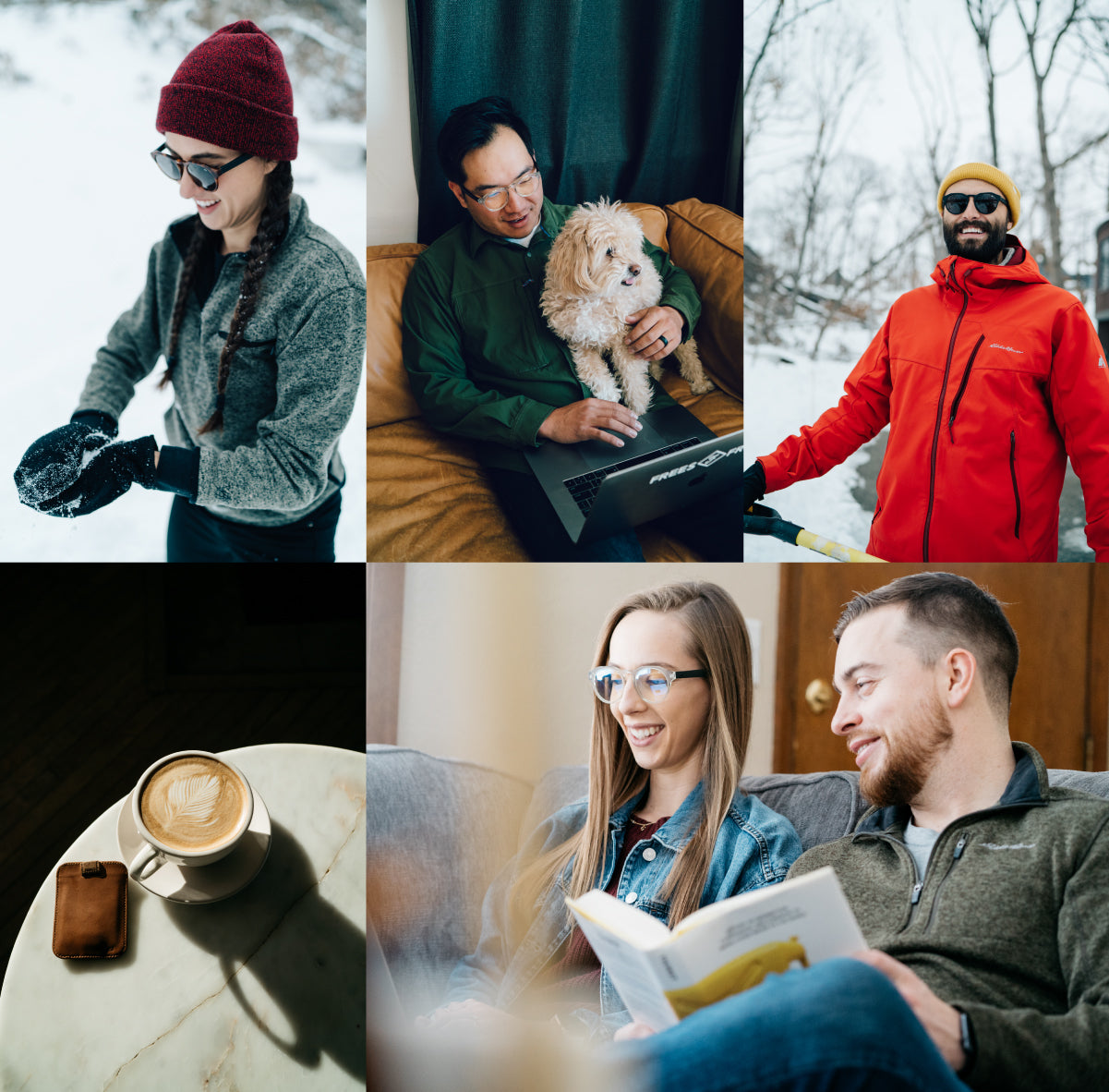Photos of people keeping cozy with friends and pets during the snowy winter