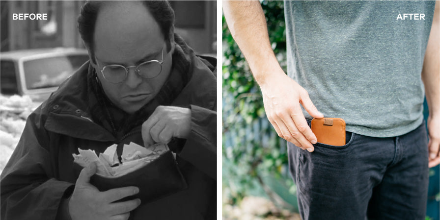 Before and After: Costanza's infamous fat wallet versus a slim front-pocket wallet by Distil Union