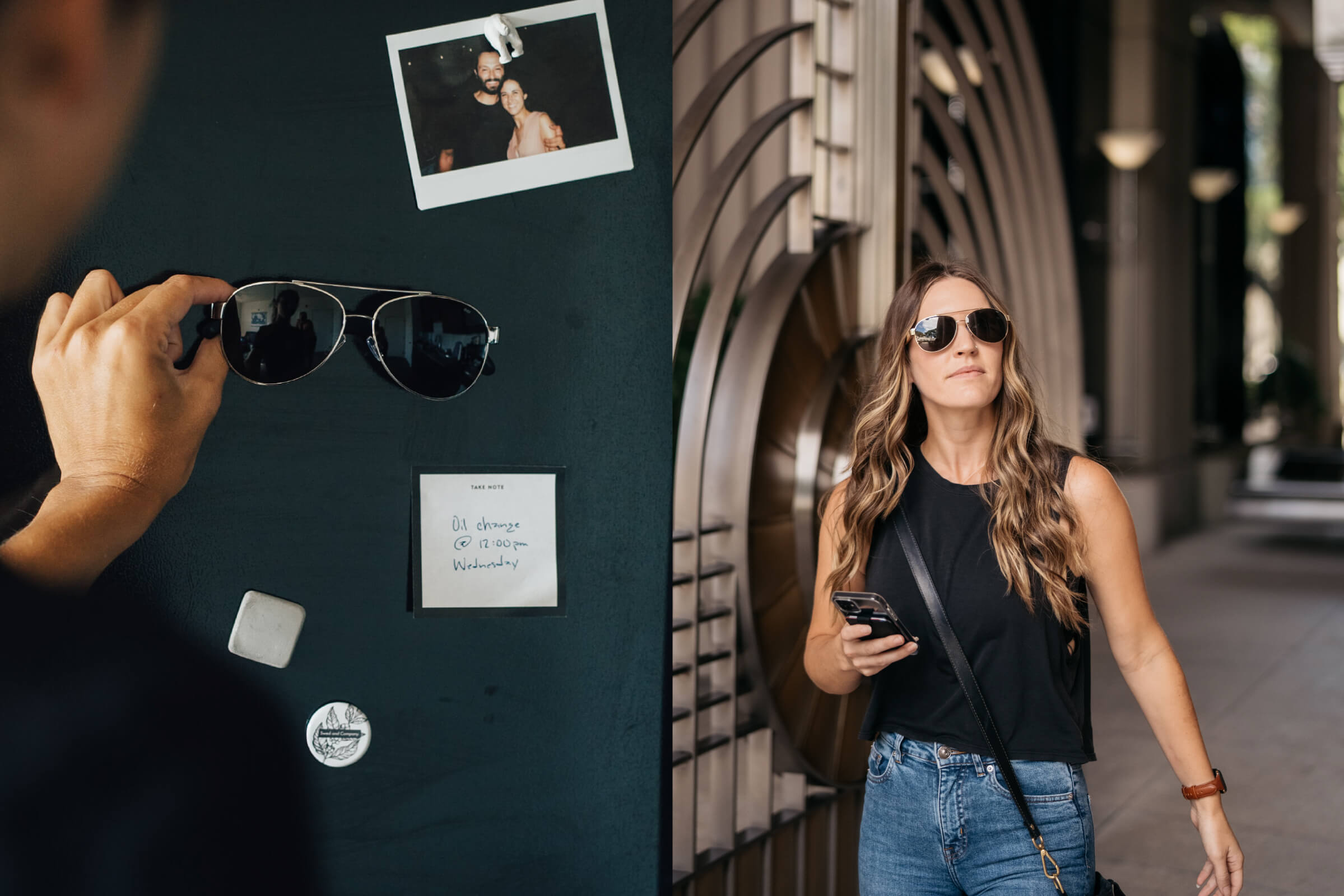 Two photos, one of a pair of magnetic MagLock sunglasses being taken off a fridge, the other of a woman walking into the sunlight wearing the titanium aviator Maverick sunglasses