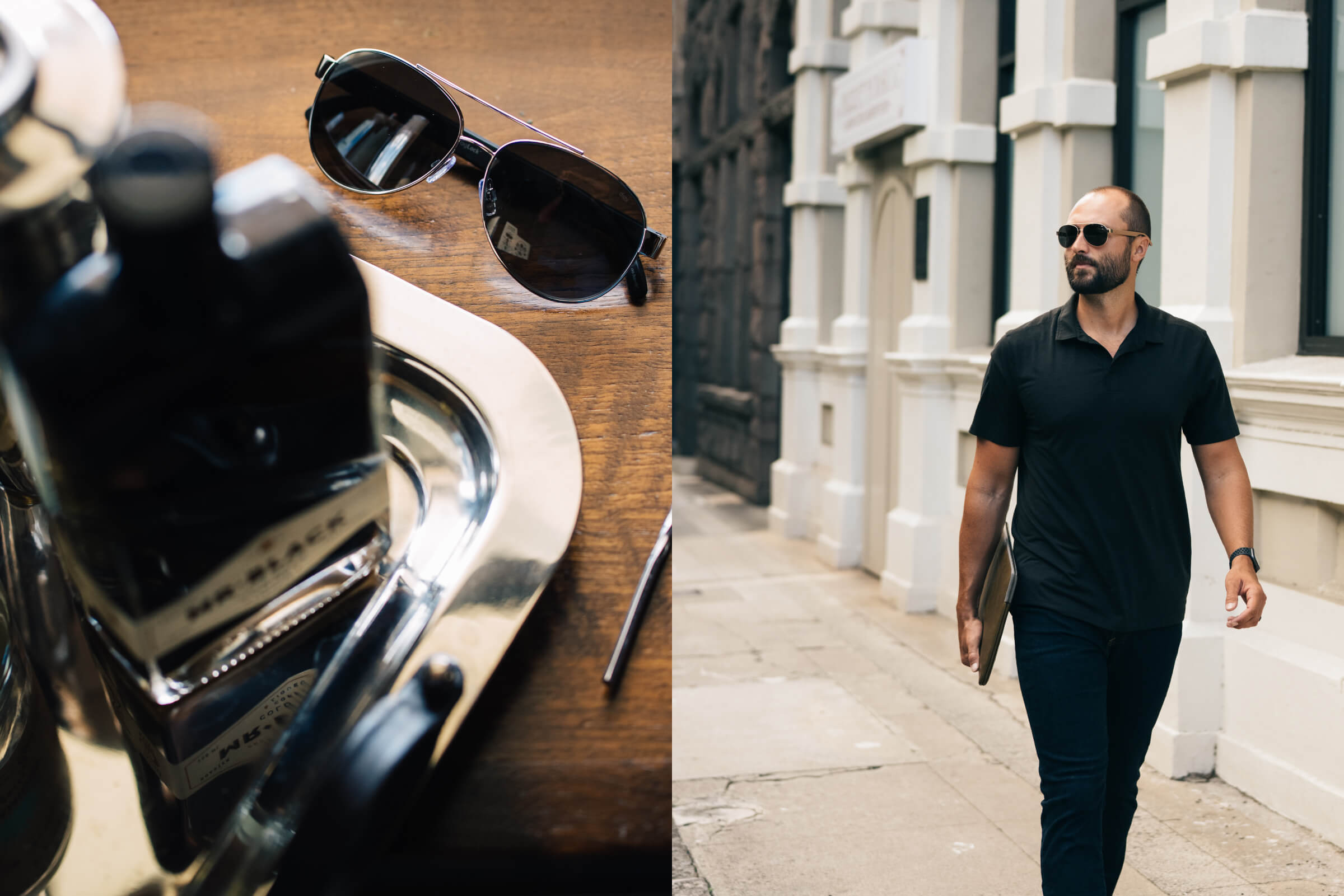 Two photos, one with a pair of titanium Maverick sunglasses sitting on a bar, the other of a man in a black shirt wearing silver MagLock sunglasses