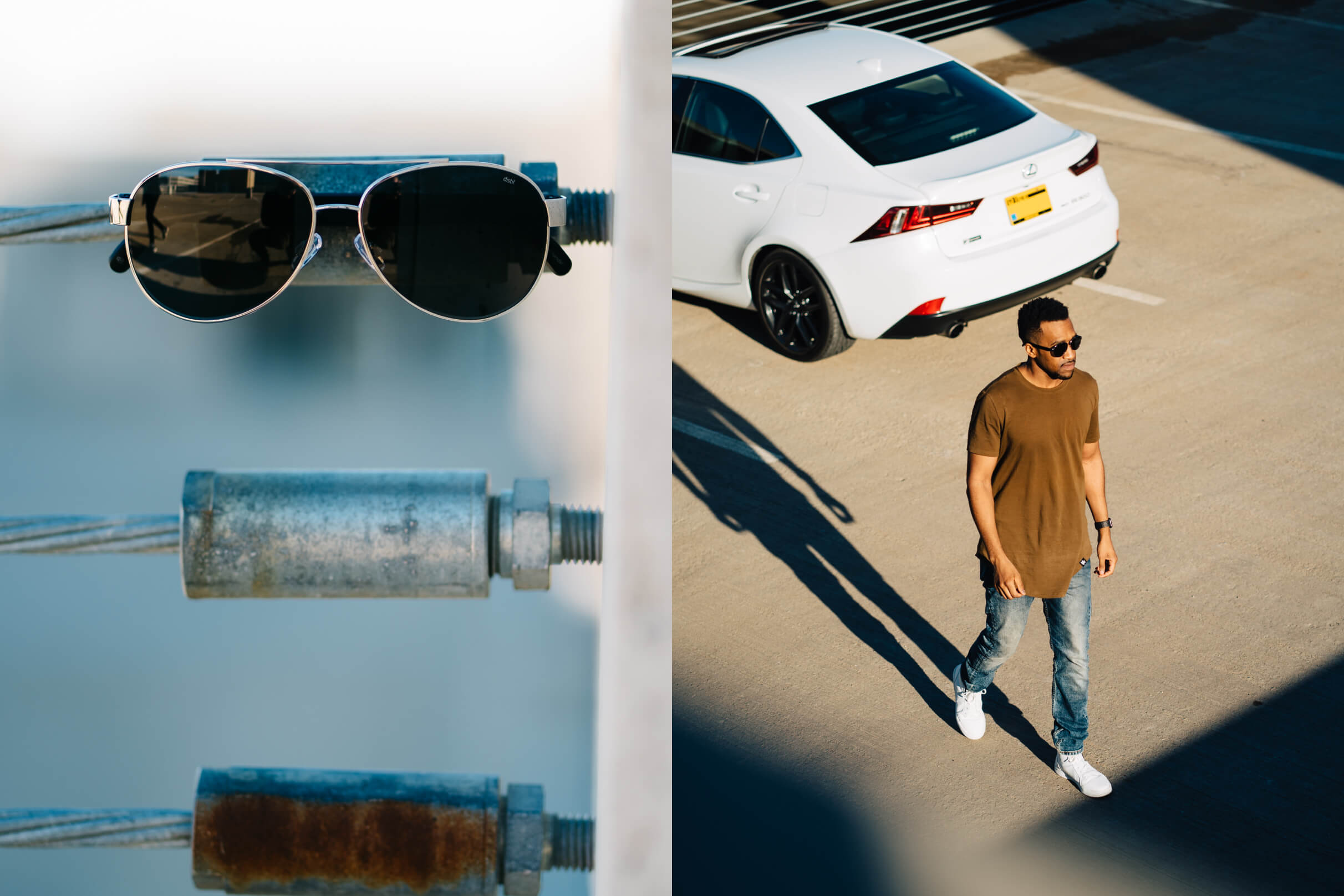 Two photos of Maverick titanium aviator sunglasses, one magnetically attached to metal, the other a man walking away from a sports car wearing the sunglasses