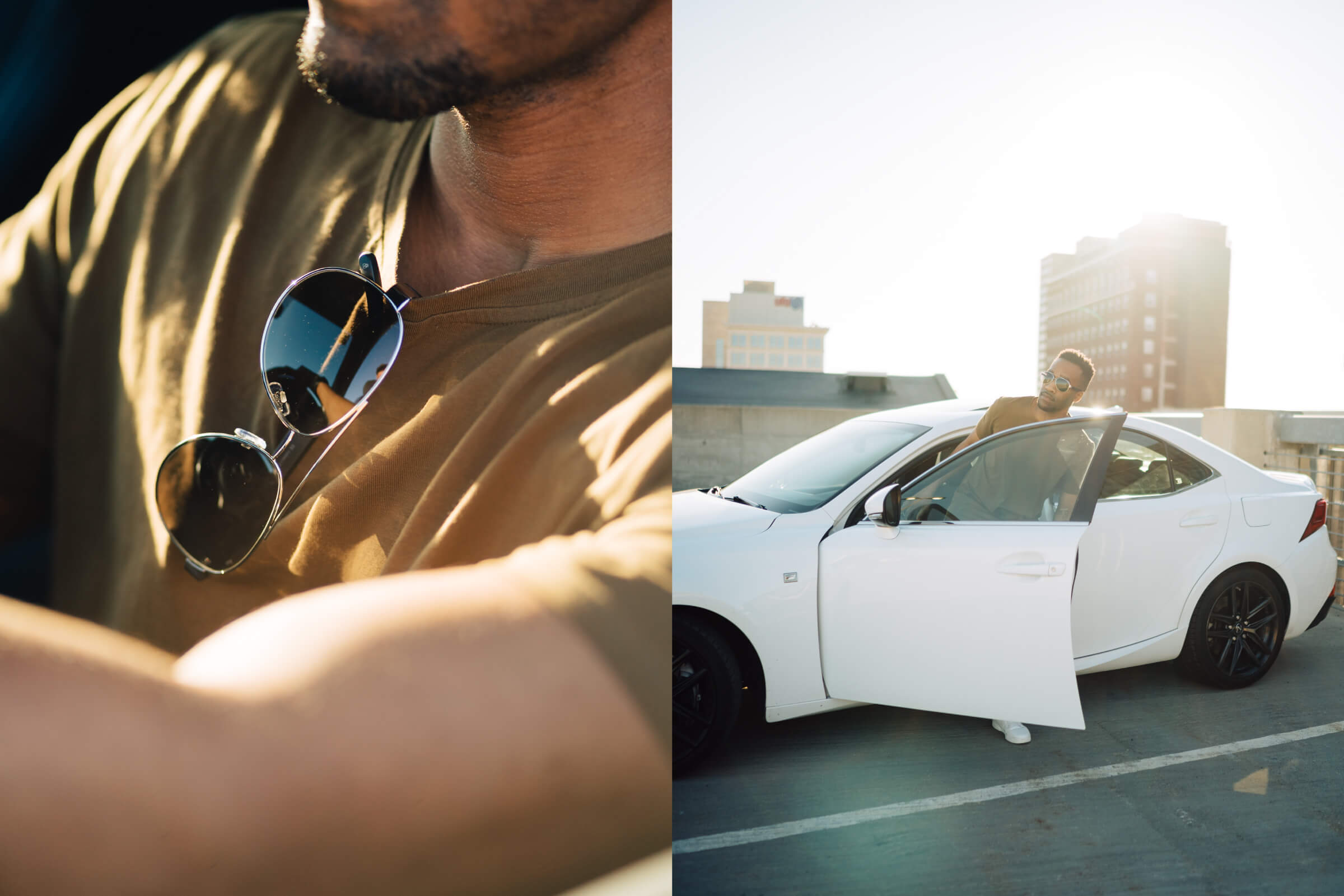 Two photos of Maverick titanium aviator sunglasses, one magnetically attached to his shirt collar, the other a man stepping out of a sports car wearing the sunglasses
