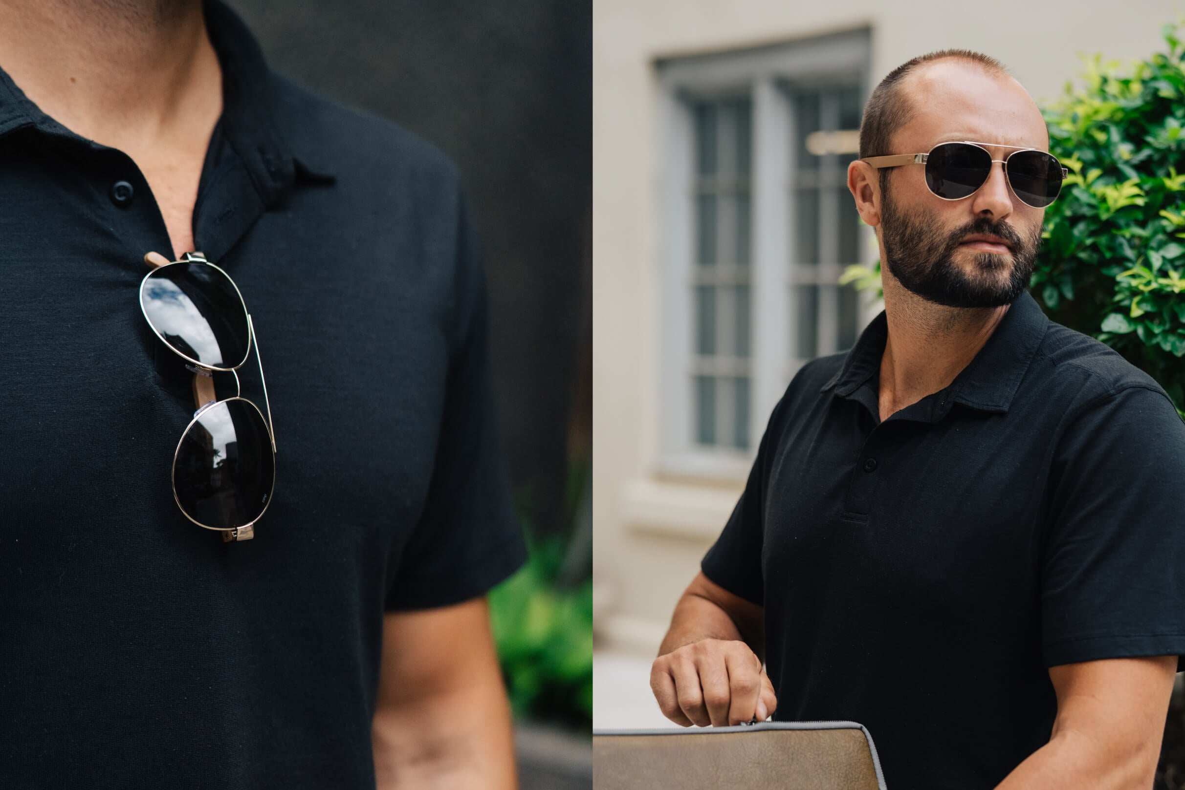 Two photos, one of a pair of titanium MagLock sunglasses clipped to a man's shirt, the other of a man outside wearing Maverick aviator sunglasses