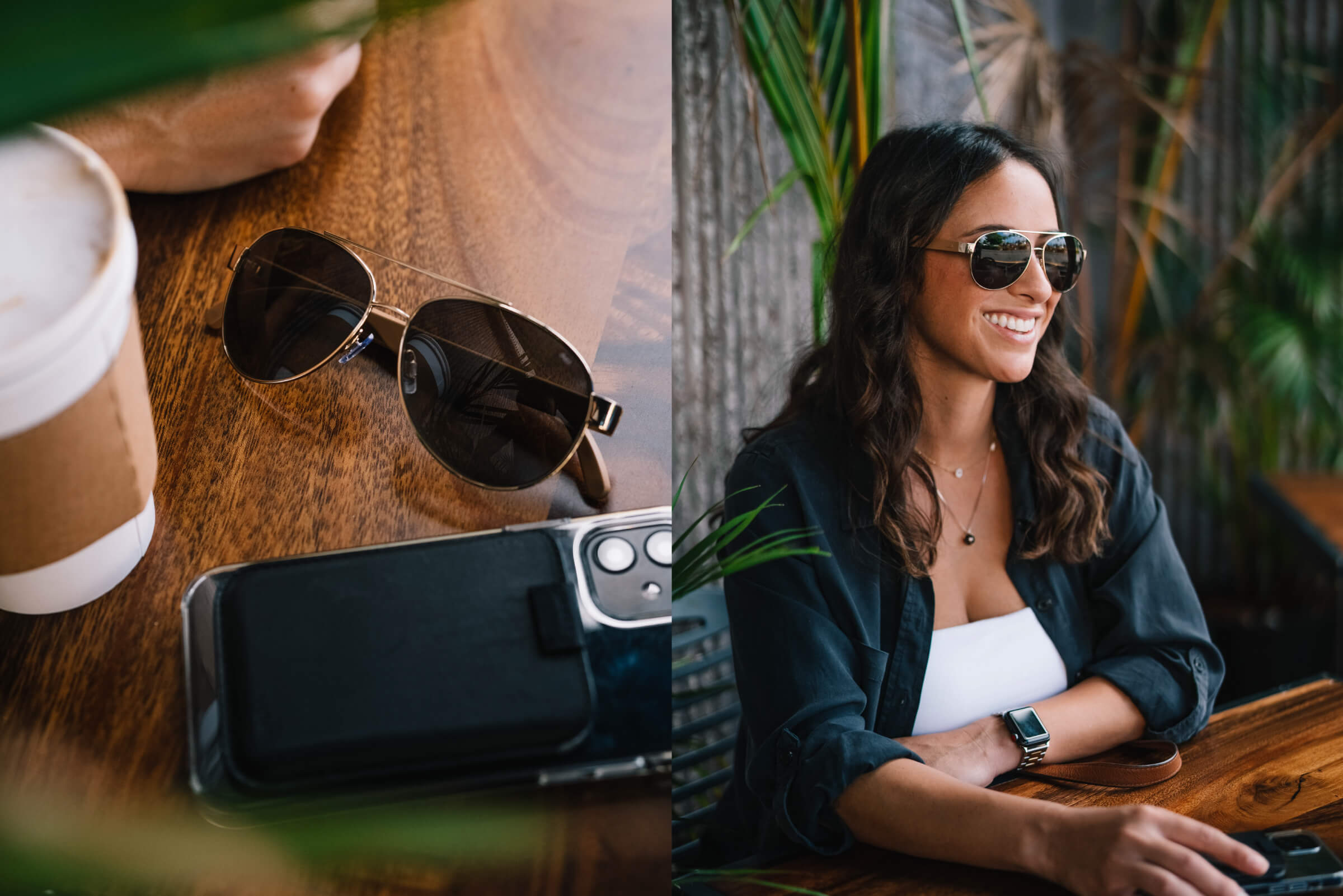 Two photos, one of a pair of titanium MagLock sunglasses sitting next to an iPhone, the other of a woman wearing Maverick aviator sunglasses at an outdoor cafe