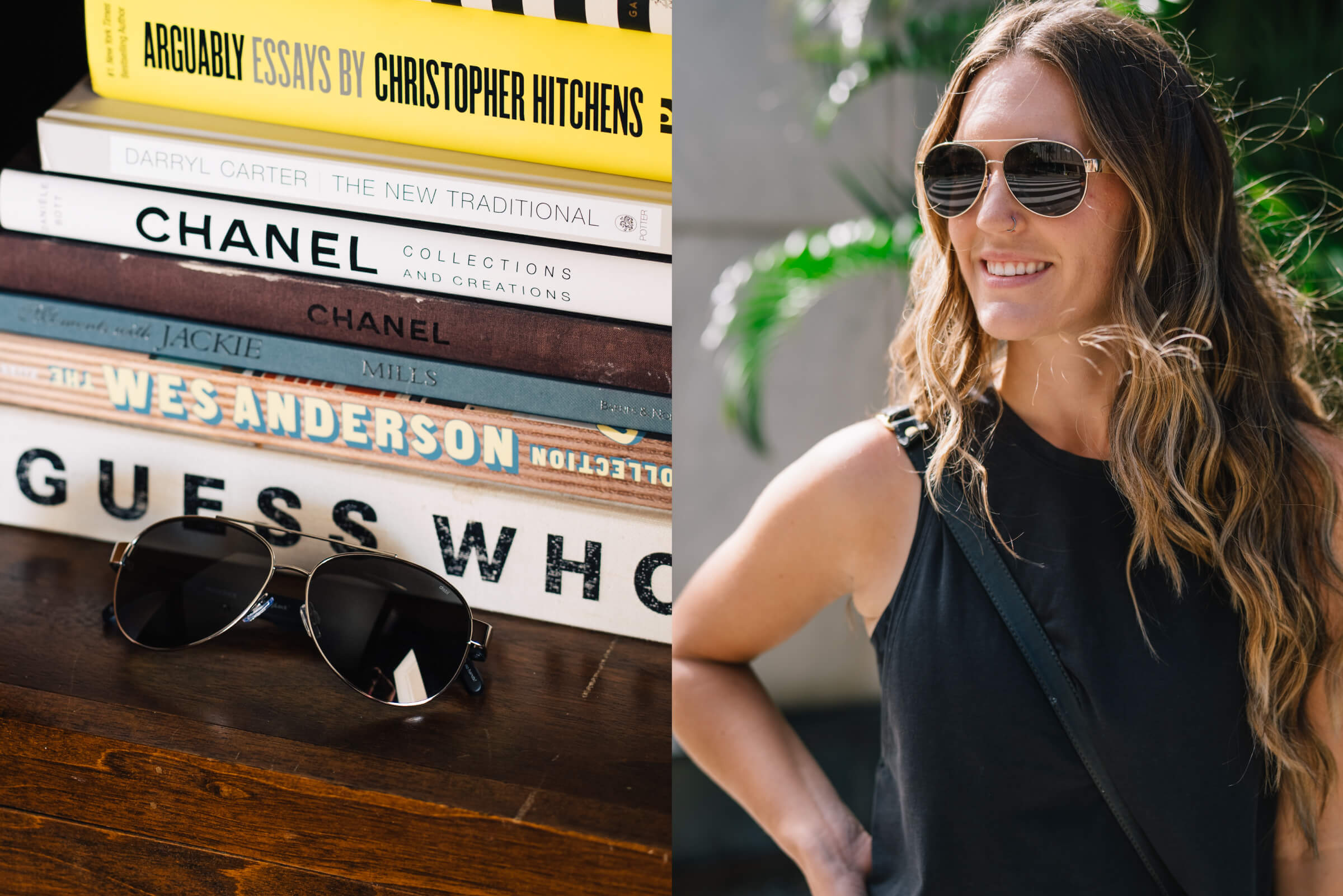 Two photos, one of MagLock aviator sunglasses sitting on a bookshelf, the other of a woman standing in the sun wearing titanium Maverick MagLock sunglasses