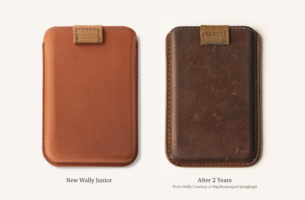 A brown leather Wally Junior iPhone wallet before and after 2 years of use by Mig Beauregard