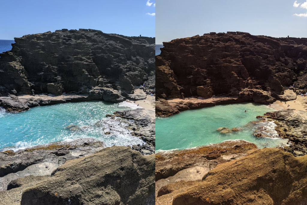 Looking at a sunny ocean without sunglasses, and after looking at the same view through polarized amber lenses