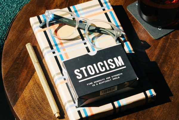 MagLock Cooper ScreenSaver blue-light blocking glasses paired with Stoicism Cards from the School of Life