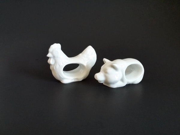 Porcelain Pig and Chicken Napkin Rings   Set of 2