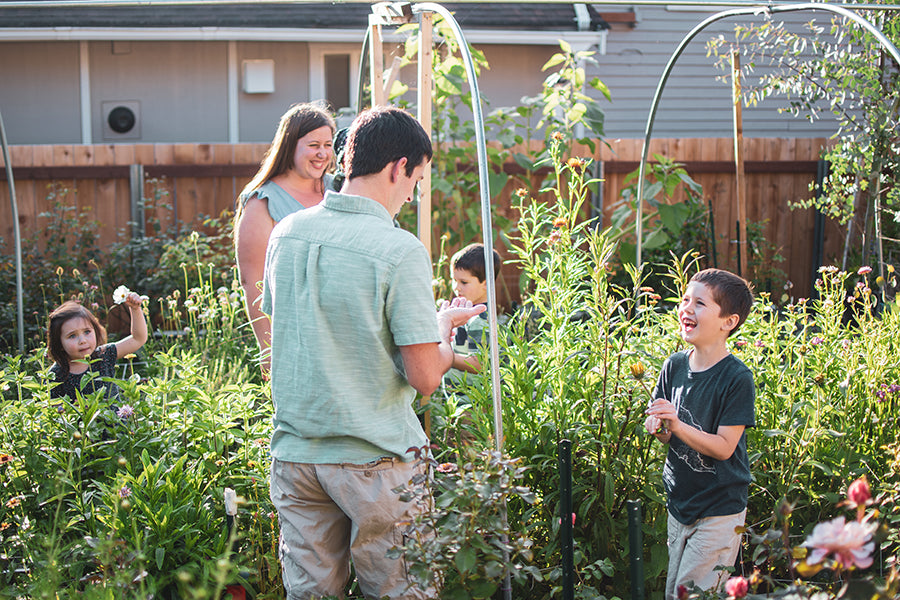 Laura and family in their garden