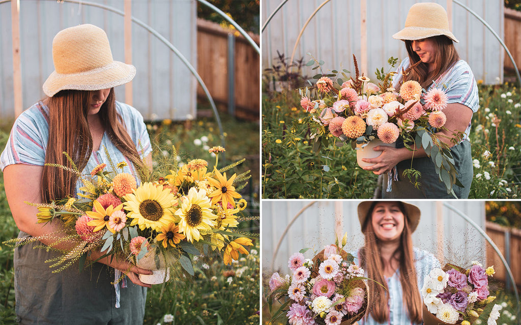 A Photo collage of Laura holding summer arrangements and bouquets all made from her garden-grown blooms.