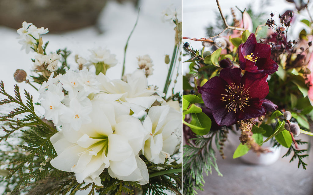 Photo collage of two winter arrangements using mainly fresh flowers: one light and one dark colors.
