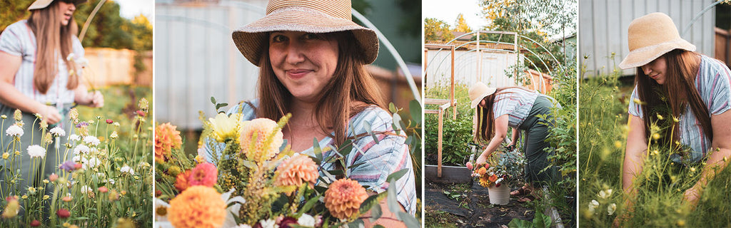 Laura in the garden cutting flowers and holding buckets of blooms