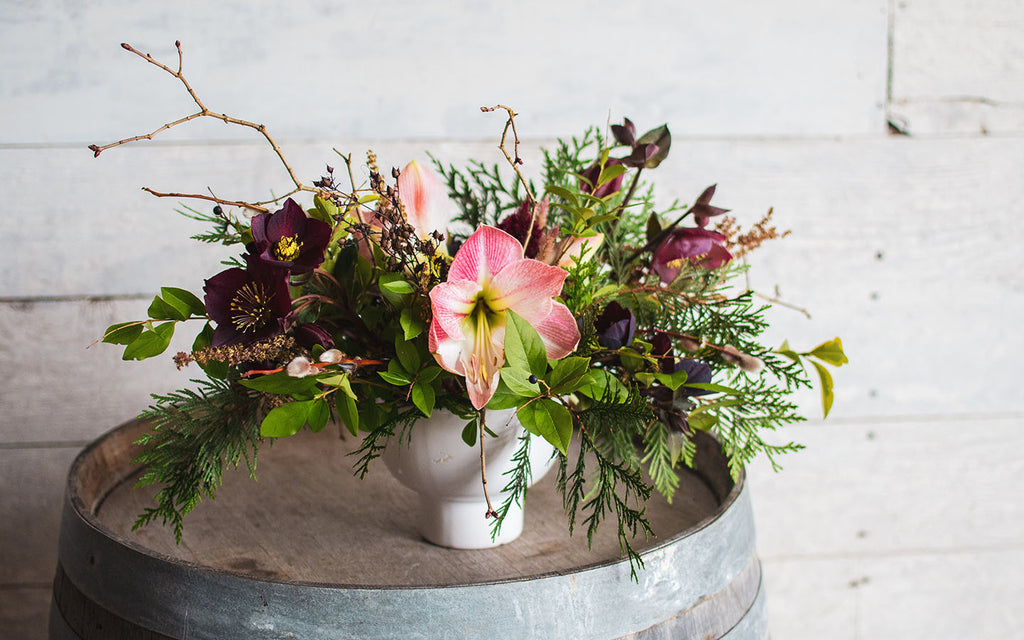 A fresh winter arrangement with amaryllis and hellebore.