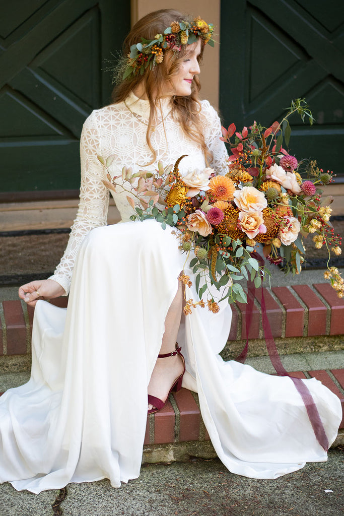 Model with large bouquet and flower crown by Humble Bouquet Bellingham, WA 