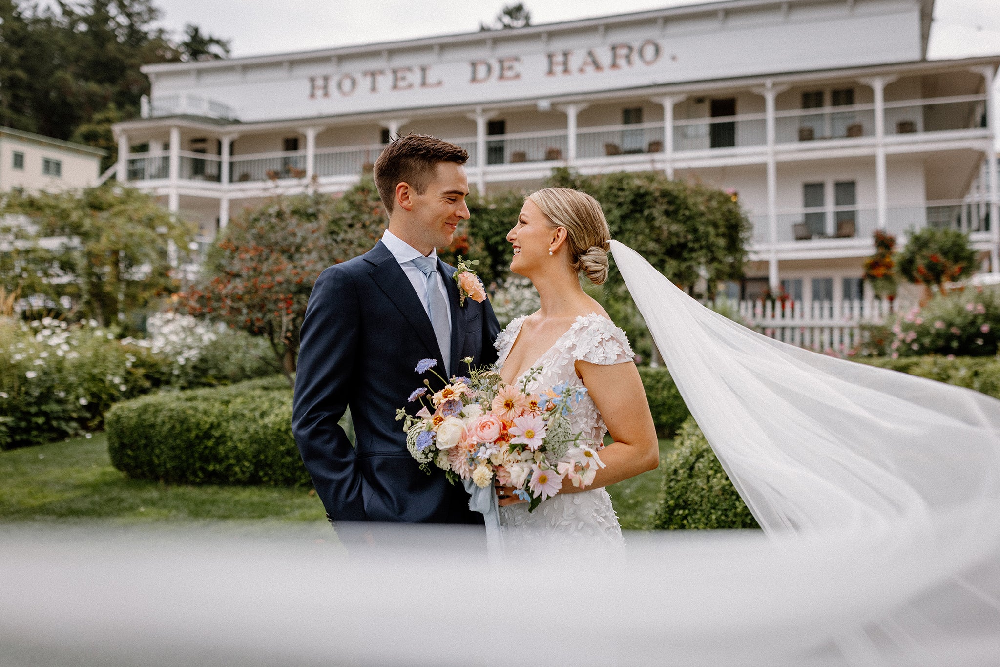 Bride and groom at Roche Harbor Resort for Early September Wedding