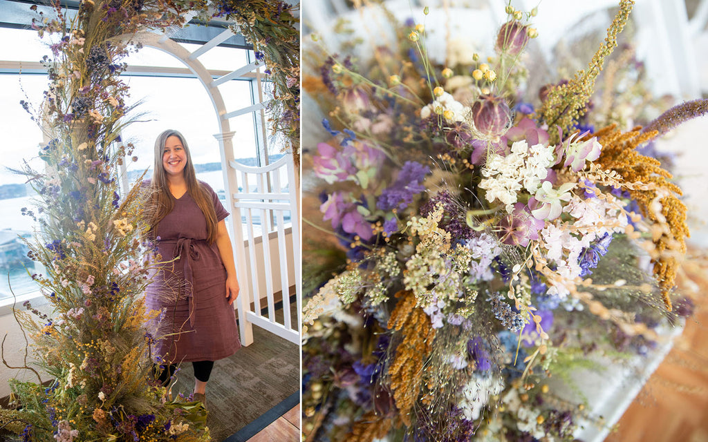 Left: the completed arbor with Laura standing under it. Right: Dried flower bridesmaid bouquet with purple and gold.