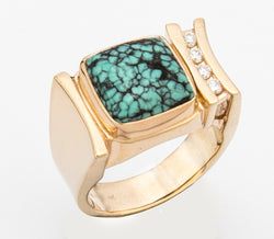 PM629; 14K Yellow Gold Ring w/Turquoise and Diamonds