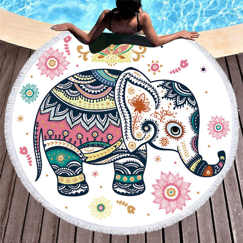 Colorful Elephant Round Beach Towel
