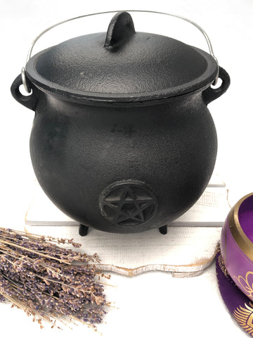 Black Cast Iron Cauldron with Pentacle 20cm with Handle | Crystal Karma by Trina