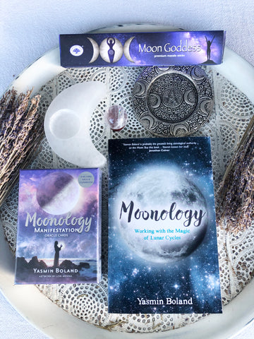 Moon Lovers Bundle - Moonology Book, Moonology Oracle Cards, Incense & Selenite Crescent Moon Candle Holder - Crystal Karma by Trina 