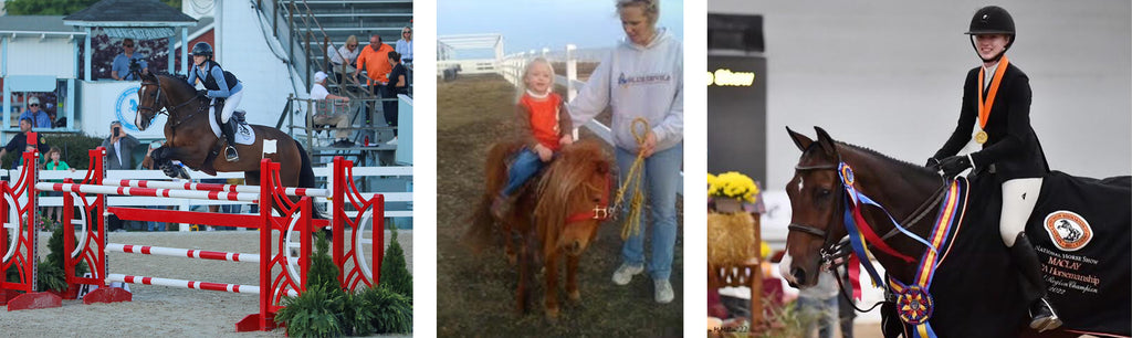 Collage of Carlee riding at the Devon Horse Show, on a pony as a kid with her mom, and winning the Regional Maclay Medal Finals.