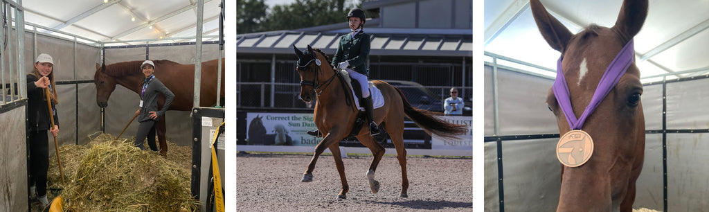 Leah Drew mucking stalls, riding her horse Dezi, & winning an FEI medal.