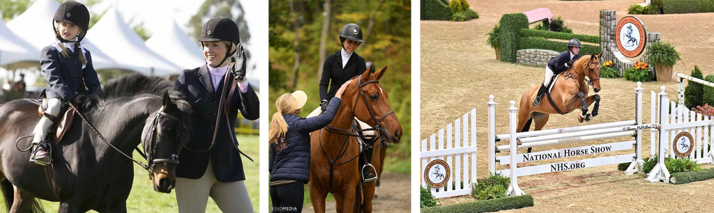 Collage of Avery as a young girl on a pony with her mom next to her, Avery riding her horse over a jump at the National Horse Show, and Avery riding her horse at the USET Talent Search Finals East.