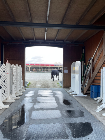 Tunnel view of an entrance to a horse arena.
