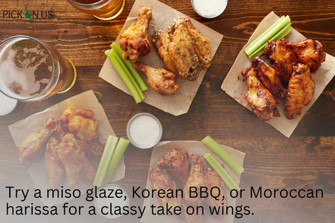 miso glaze, Korean BBQ, or Moroccan harissa for a classy take on wings.