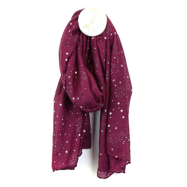 Plum with Silver Foil Stars and Speckles Scarf