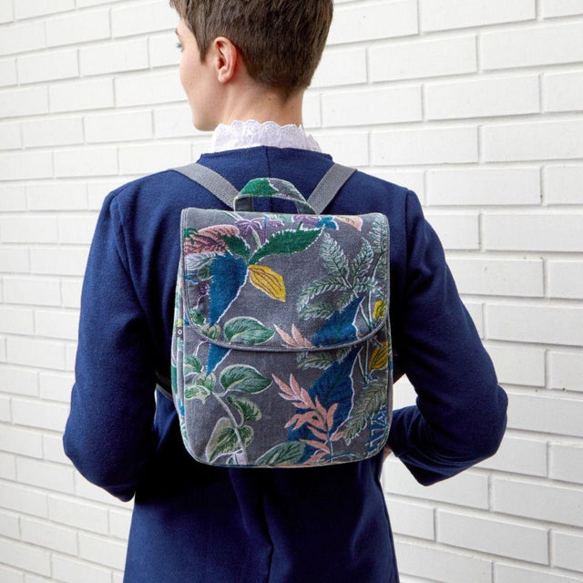 Grey Botanical Velvet Mini Backpack