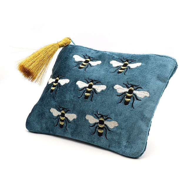 Bee Embroidered Teal Blue Velvet Zip Purse