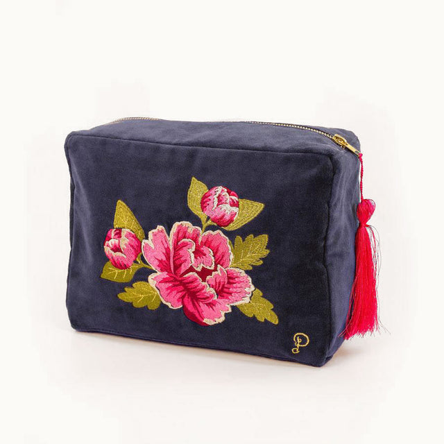 Peony Embroidered Dark Navy Wash Bag