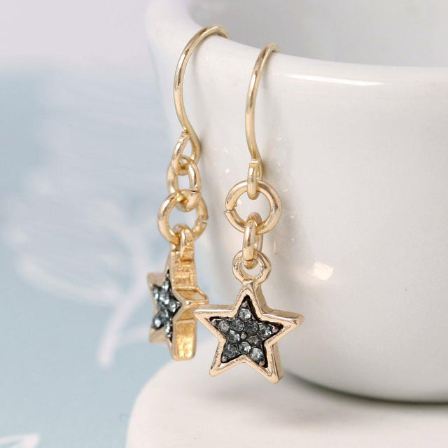 Black Crystal Star Gold Drop Earrings