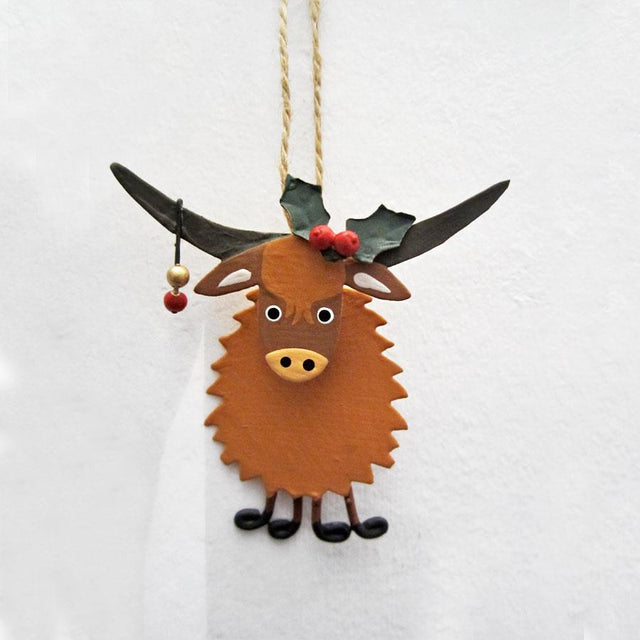 Highland Coo with Long Horns and Holly Metal Hanging Decoration