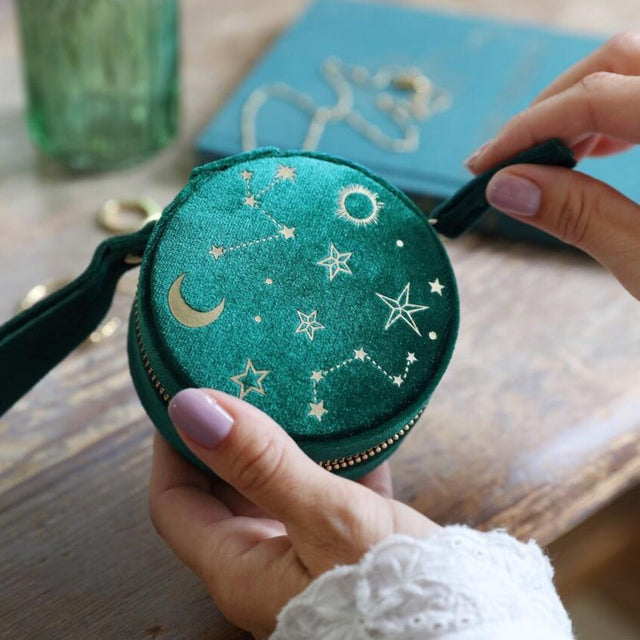 Round Teal Starry Night Velvet Jewellery Case