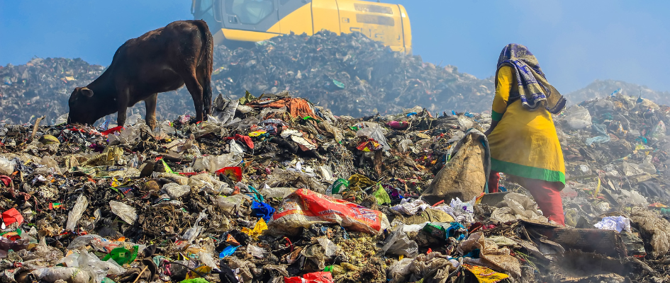 The Environmental Toll of Fast Fashion. Discarded clothes in landfill.