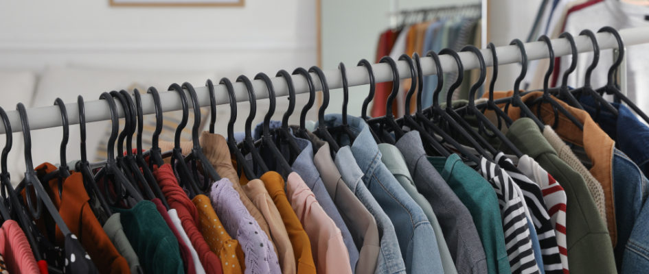The Environmental Toll of Fast Fashion. Clothes hanging on rail.